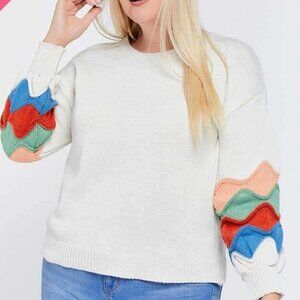 DAVI & DANI PLUS SIZE White Sweater with Color Block Wave Sleeves, Cozy Knit